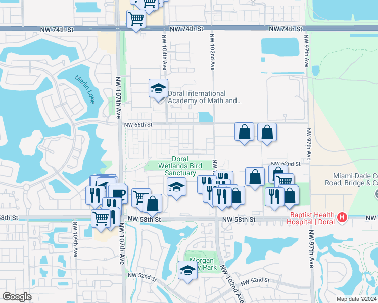 map of restaurants, bars, coffee shops, grocery stores, and more near 10265 Northwest 63rd Street in Doral