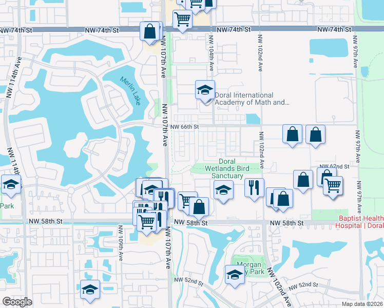 map of restaurants, bars, coffee shops, grocery stores, and more near 6323 Northwest 105th Court in Doral