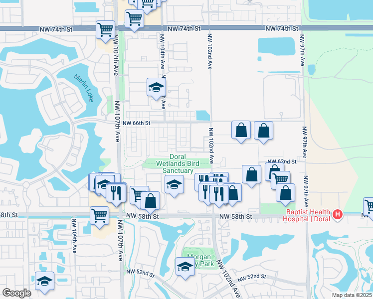 map of restaurants, bars, coffee shops, grocery stores, and more near 6402 Northwest 102nd Path in Doral