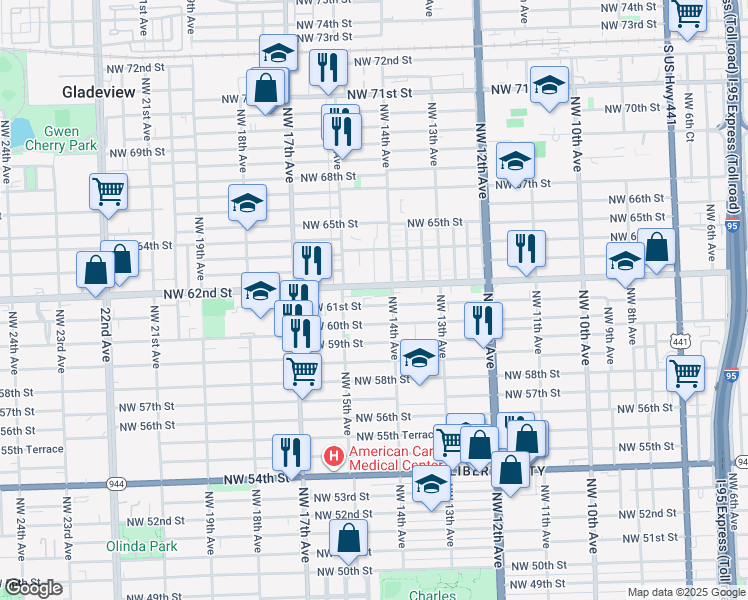 map of restaurants, bars, coffee shops, grocery stores, and more near 1435 Northwest 61st Street in Miami