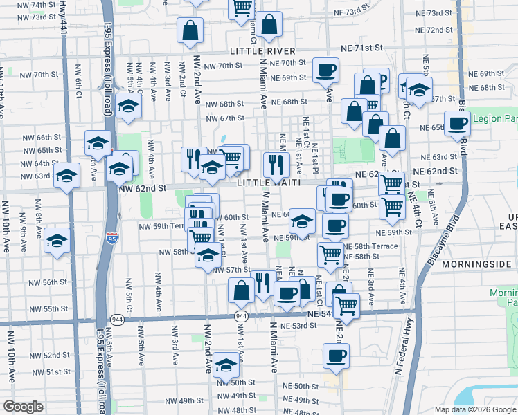 map of restaurants, bars, coffee shops, grocery stores, and more near 47 Northwest 60th Terrace in Miami