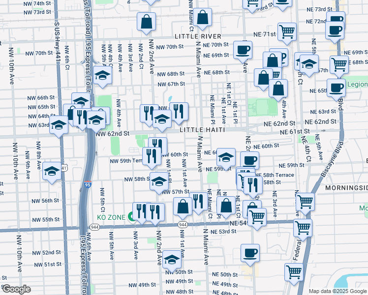 map of restaurants, bars, coffee shops, grocery stores, and more near 47 Northwest 60th Terrace in Miami