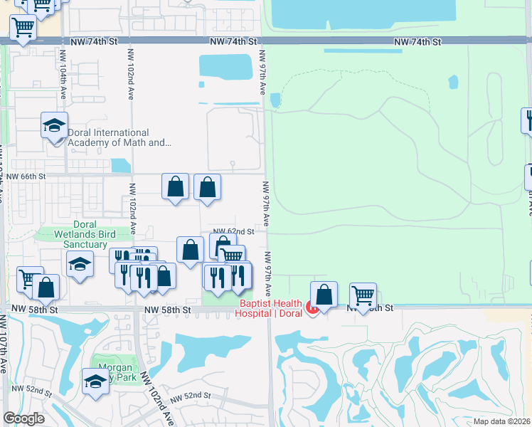 map of restaurants, bars, coffee shops, grocery stores, and more near 6384 Northwest 97th Avenue in Doral