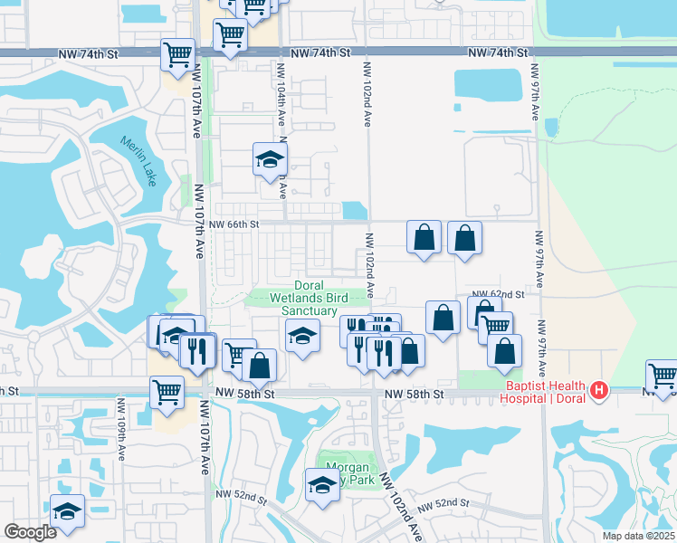 map of restaurants, bars, coffee shops, grocery stores, and more near 6402 Northwest 102nd Path in Doral