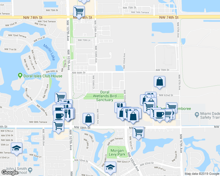 map of restaurants, bars, coffee shops, grocery stores, and more near 6402 Northwest 102nd Path in Doral