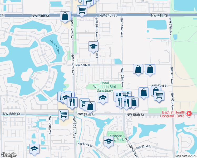map of restaurants, bars, coffee shops, grocery stores, and more near 10346 Northwest 64th Street in Doral
