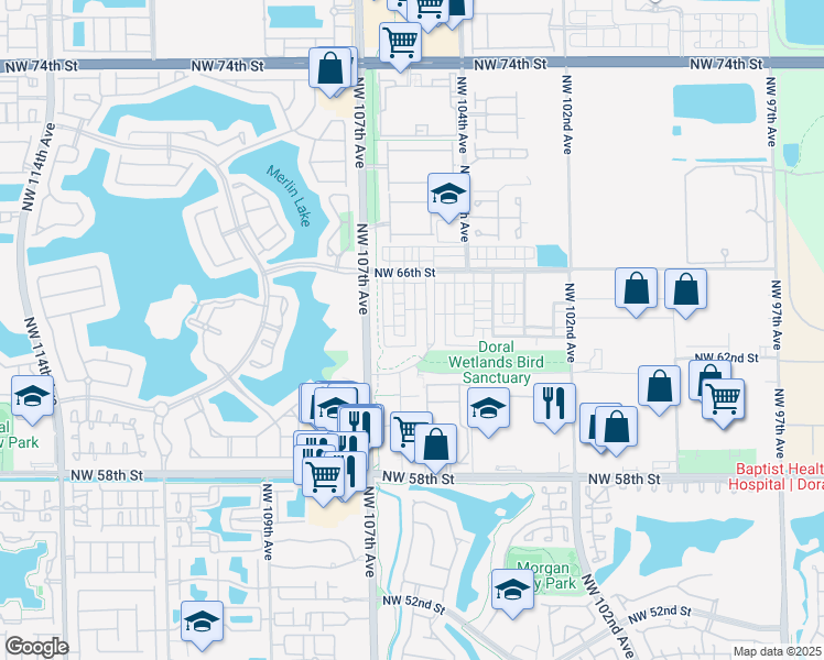 map of restaurants, bars, coffee shops, grocery stores, and more near 6323 Northwest 105th Court in Doral