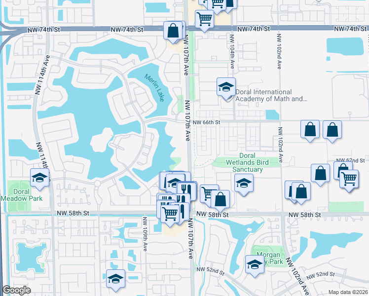 map of restaurants, bars, coffee shops, grocery stores, and more near 6324 Northwest 105th Place in Doral