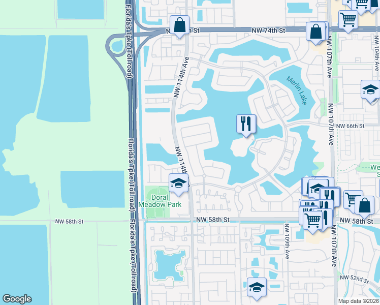 map of restaurants, bars, coffee shops, grocery stores, and more near 6357 Northwest 113th Place in Doral