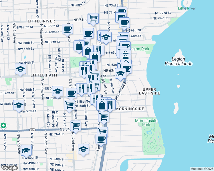 map of restaurants, bars, coffee shops, grocery stores, and more near 5990 Northeast 4th Court in Miami
