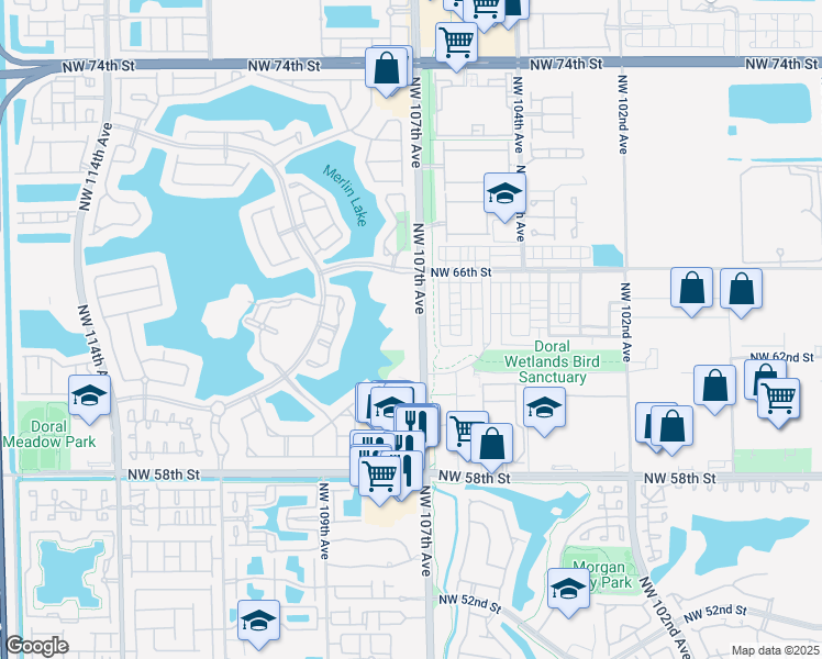 map of restaurants, bars, coffee shops, grocery stores, and more near 6324 Northwest 105th Place in Doral