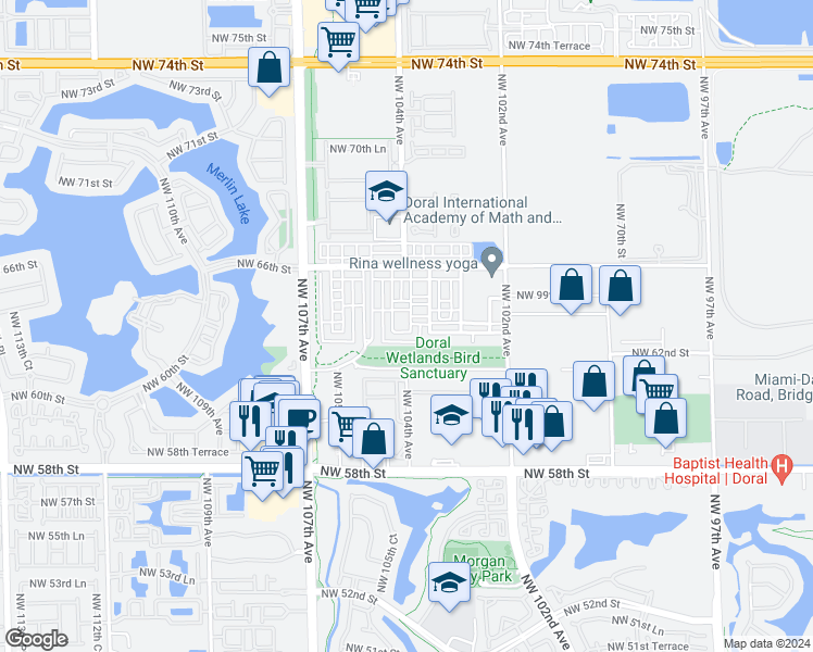 map of restaurants, bars, coffee shops, grocery stores, and more near 10346 Northwest 64th Street in Doral