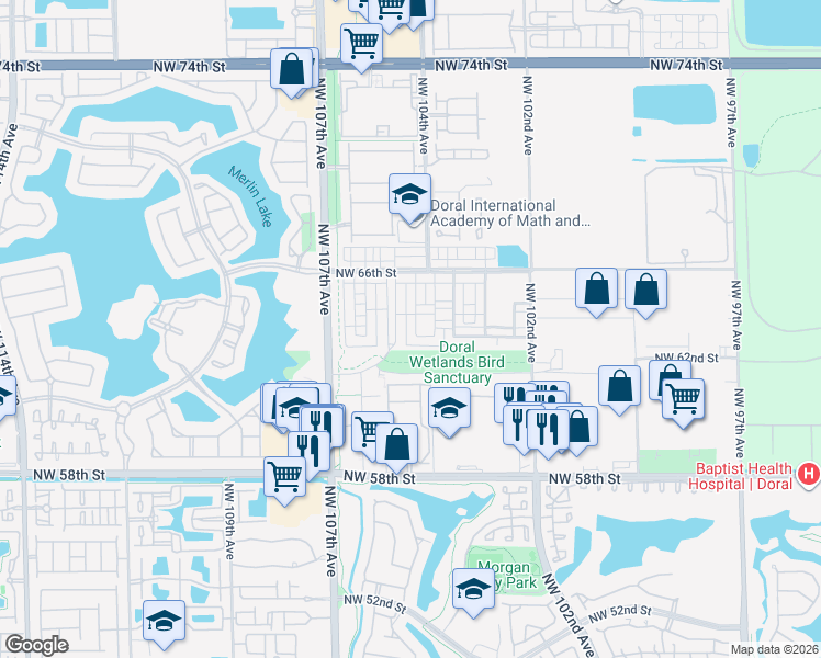 map of restaurants, bars, coffee shops, grocery stores, and more near 6324 Northwest 104th Court in Doral