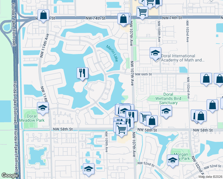 map of restaurants, bars, coffee shops, grocery stores, and more near 6425 Northwest 109th Avenue in Doral