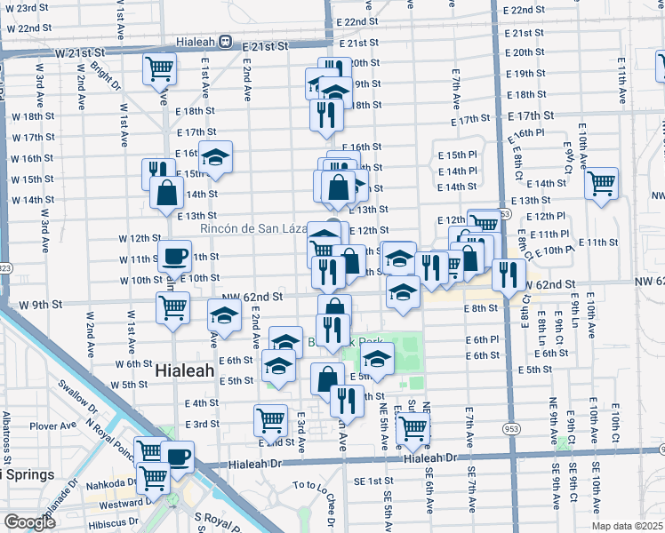 map of restaurants, bars, coffee shops, grocery stores, and more near 1040 Flamingo Way in Hialeah