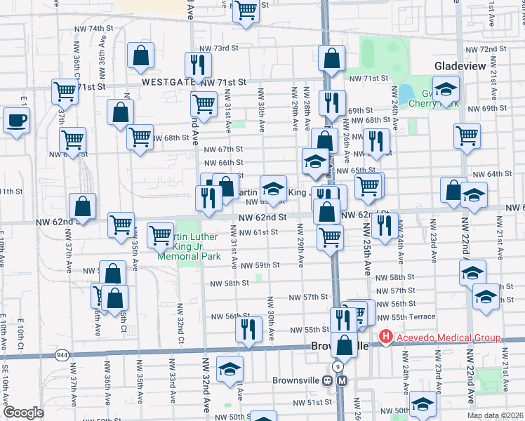 map of restaurants, bars, coffee shops, grocery stores, and more near 3005 Northwest 62nd Street in Miami