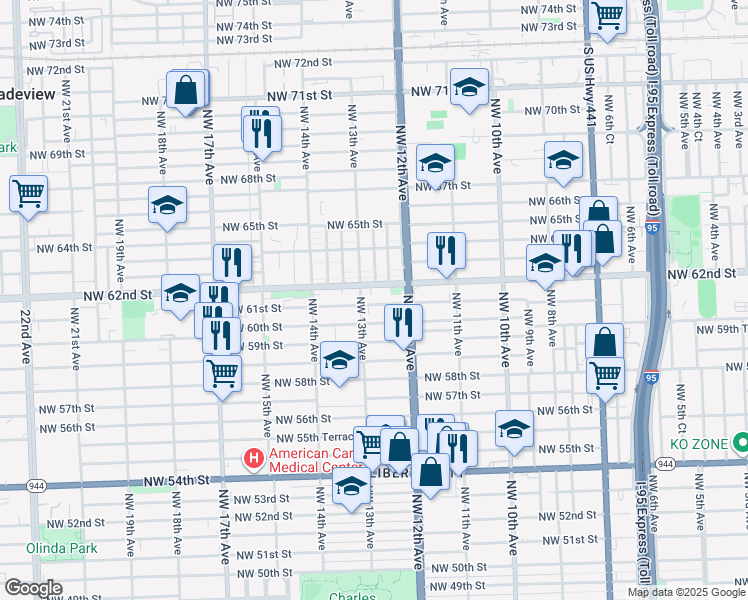 map of restaurants, bars, coffee shops, grocery stores, and more near 1281 Northwest 61st Street in Miami