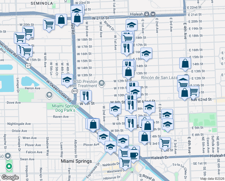 map of restaurants, bars, coffee shops, grocery stores, and more near 138 West 11th Street in Hialeah