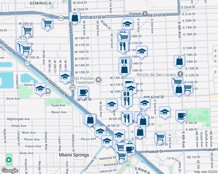 map of restaurants, bars, coffee shops, grocery stores, and more near 138 West 11th Street in Hialeah