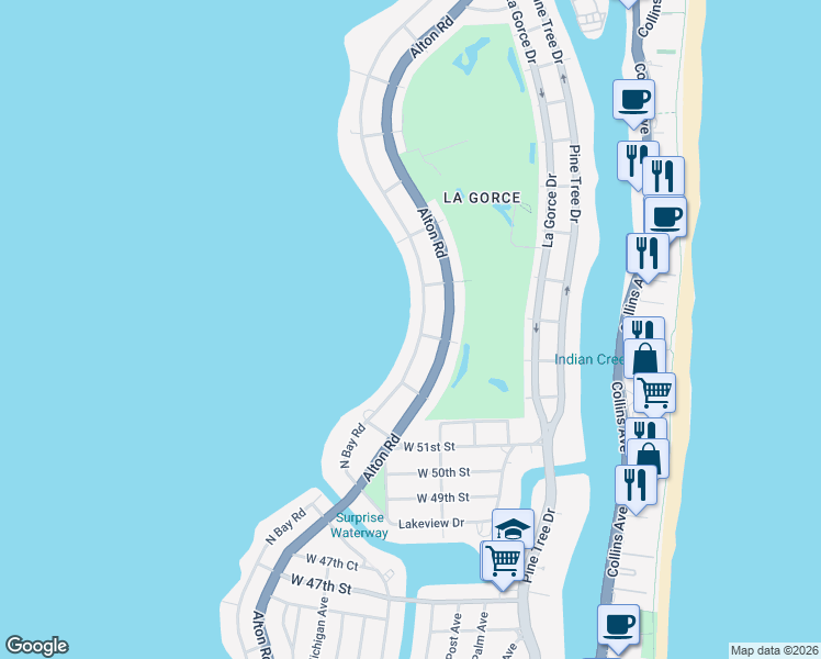 map of restaurants, bars, coffee shops, grocery stores, and more near 5310 North Bay Road in Miami Beach