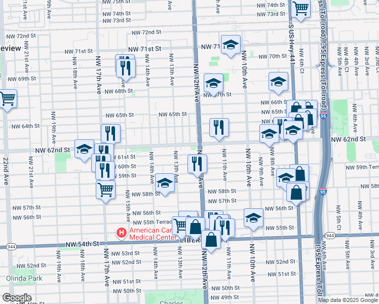 map of restaurants, bars, coffee shops, grocery stores, and more near in Miami
