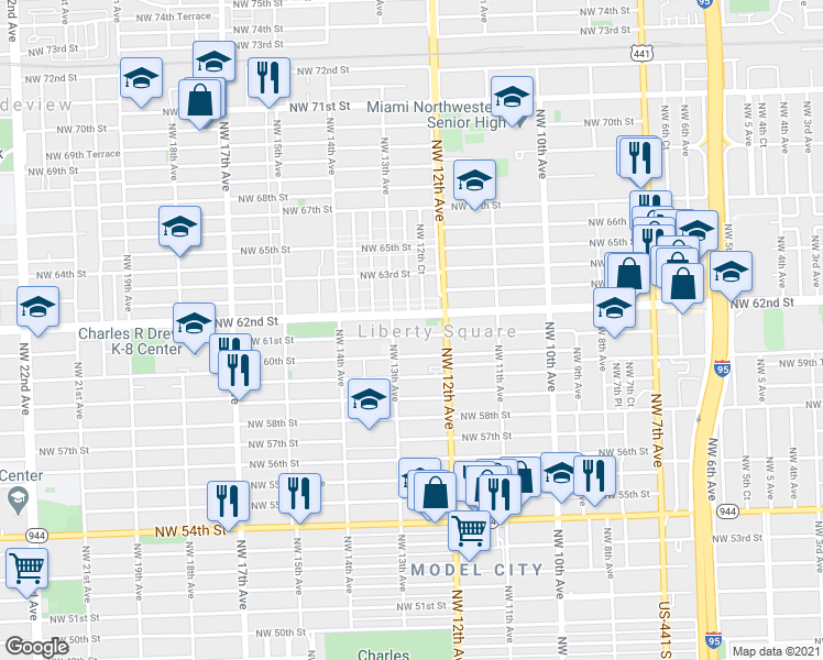 map of restaurants, bars, coffee shops, grocery stores, and more near 1281 Northwest 61st Street in Miami