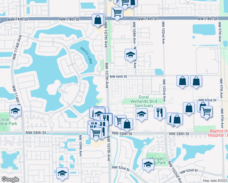 map of restaurants, bars, coffee shops, grocery stores, and more near 6323 Northwest 105th Court in Doral