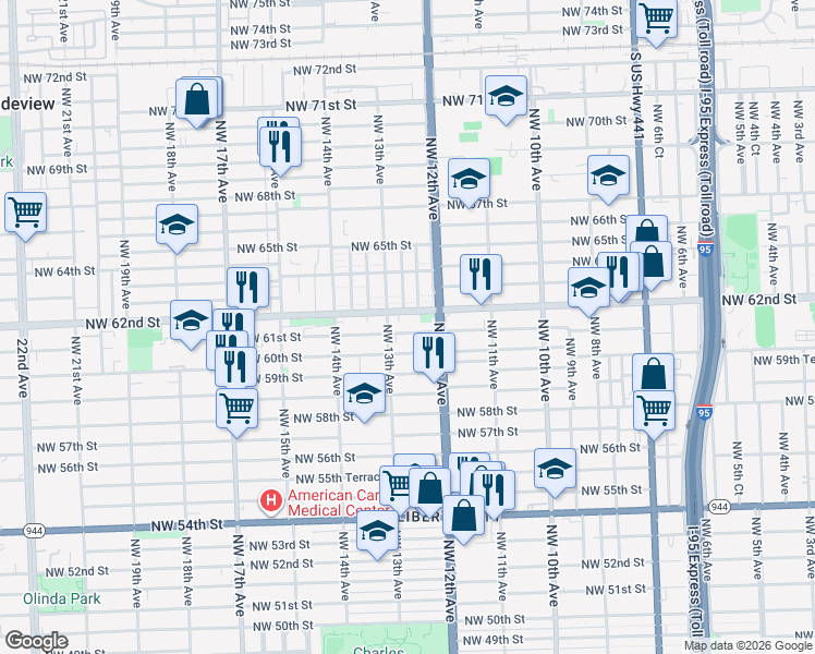 map of restaurants, bars, coffee shops, grocery stores, and more near 1281 Northwest 61st Street in Miami