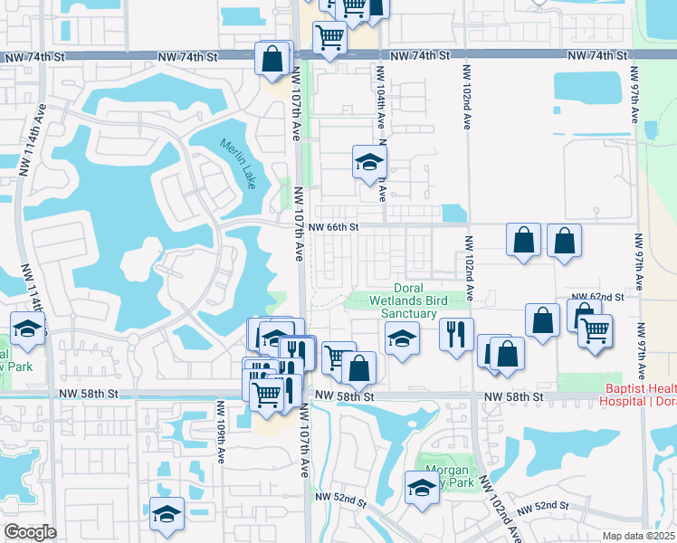 map of restaurants, bars, coffee shops, grocery stores, and more near 6321 Northwest 105th Court in Doral