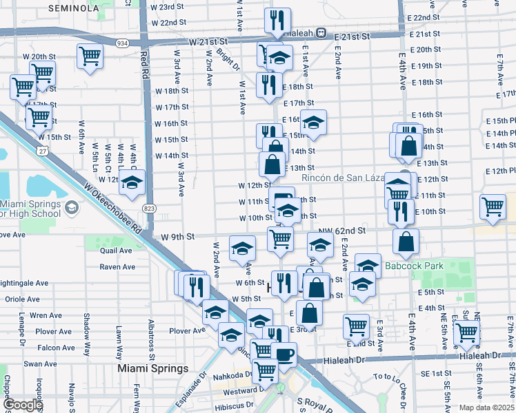 map of restaurants, bars, coffee shops, grocery stores, and more near 60 West 11th Street in Hialeah