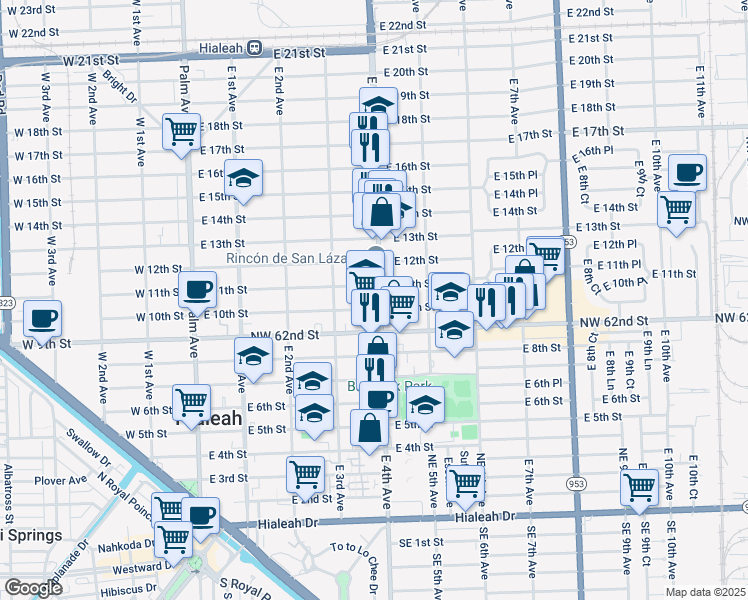 map of restaurants, bars, coffee shops, grocery stores, and more near 1040 Flamingo Way in Hialeah