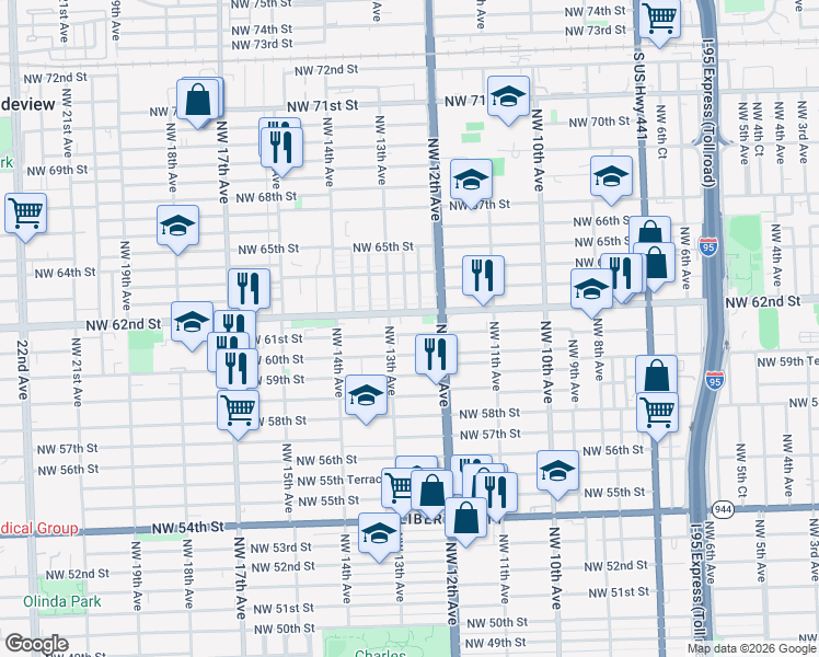 map of restaurants, bars, coffee shops, grocery stores, and more near 1251 Northwest 61st Street in Miami