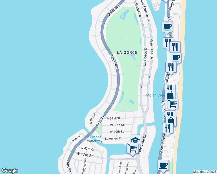 map of restaurants, bars, coffee shops, grocery stores, and more near 5310 North Bay Road in Miami Beach