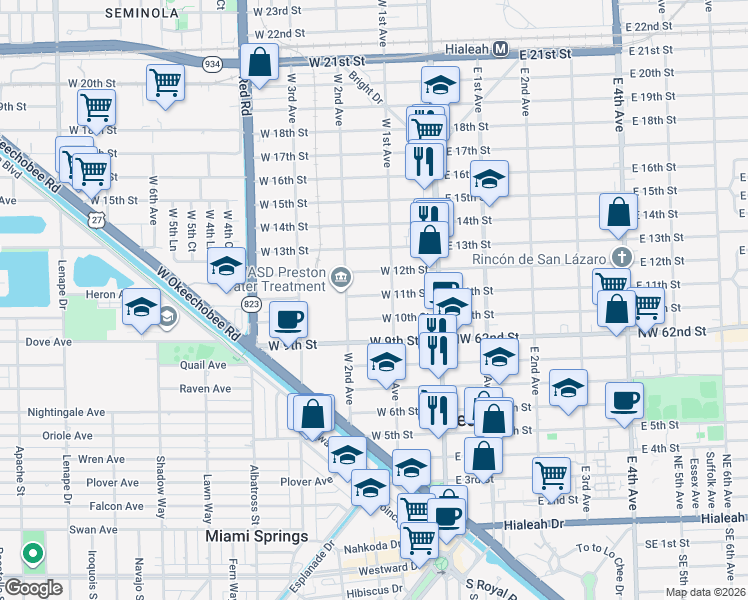 map of restaurants, bars, coffee shops, grocery stores, and more near 138 West 11th Street in Hialeah