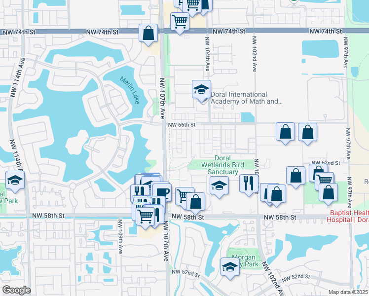 map of restaurants, bars, coffee shops, grocery stores, and more near 6323 Northwest 105th Court in Doral