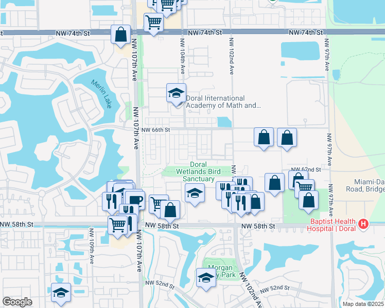 map of restaurants, bars, coffee shops, grocery stores, and more near 10346 Northwest 64th Street in Doral
