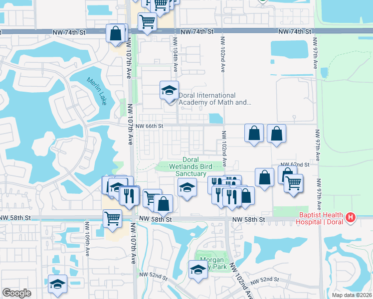map of restaurants, bars, coffee shops, grocery stores, and more near 10346 Northwest 64th Street in Doral