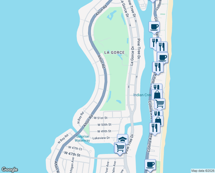 map of restaurants, bars, coffee shops, grocery stores, and more near 5311 Alton Road in Miami Beach