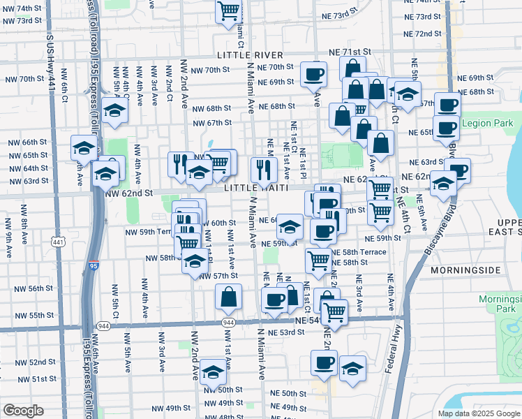 map of restaurants, bars, coffee shops, grocery stores, and more near 21 Northeast 60th Terrace in Miami