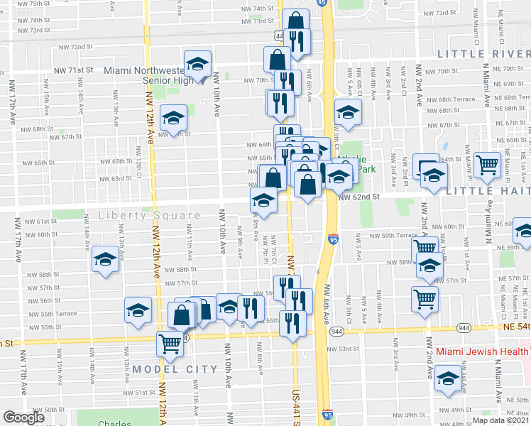 map of restaurants, bars, coffee shops, grocery stores, and more near in Miami
