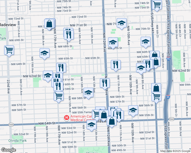 map of restaurants, bars, coffee shops, grocery stores, and more near 1281 Northwest 61st Street in Miami