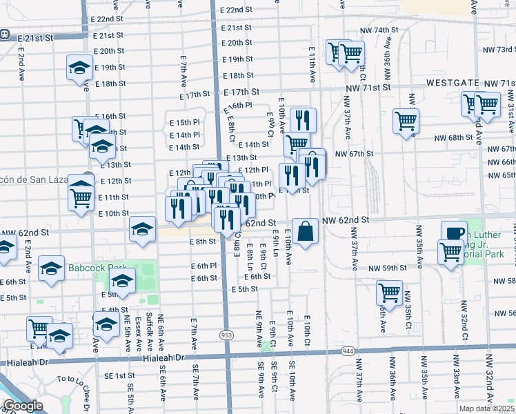 map of restaurants, bars, coffee shops, grocery stores, and more near 901 East 9th Place in Hialeah