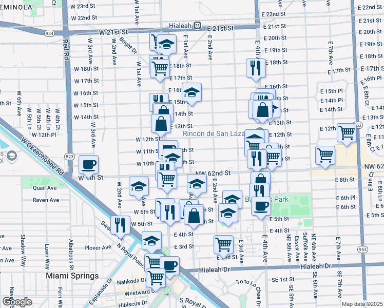 map of restaurants, bars, coffee shops, grocery stores, and more near 1098 East 1st Avenue in Hialeah
