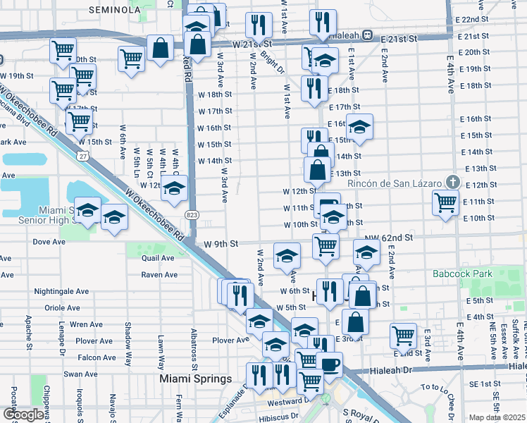 map of restaurants, bars, coffee shops, grocery stores, and more near 1100 West 2nd Avenue in Hialeah