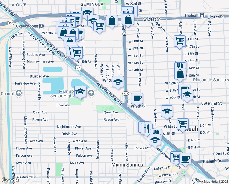map of restaurants, bars, coffee shops, grocery stores, and more near 500 West 12th Street in Hialeah