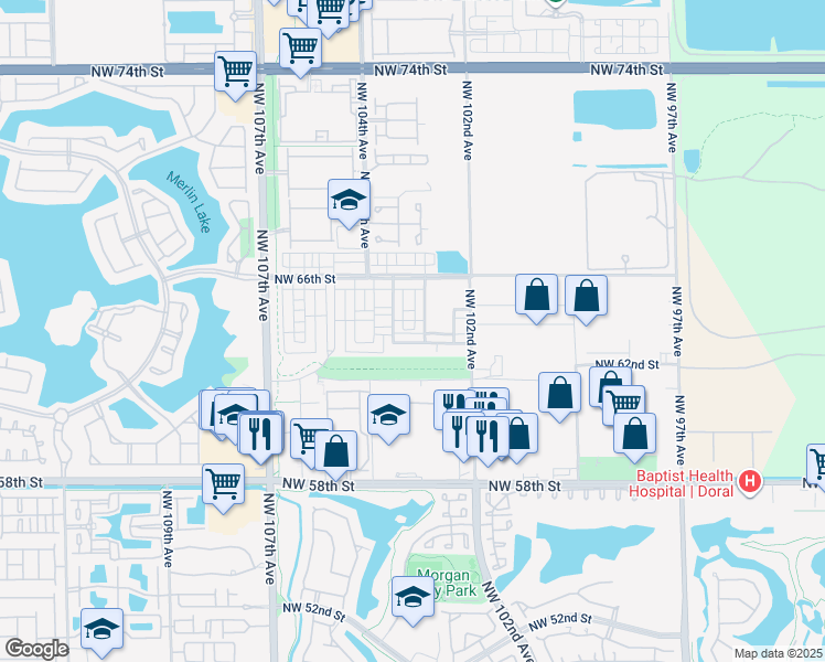 map of restaurants, bars, coffee shops, grocery stores, and more near 6402 Northwest 102nd Path in Doral