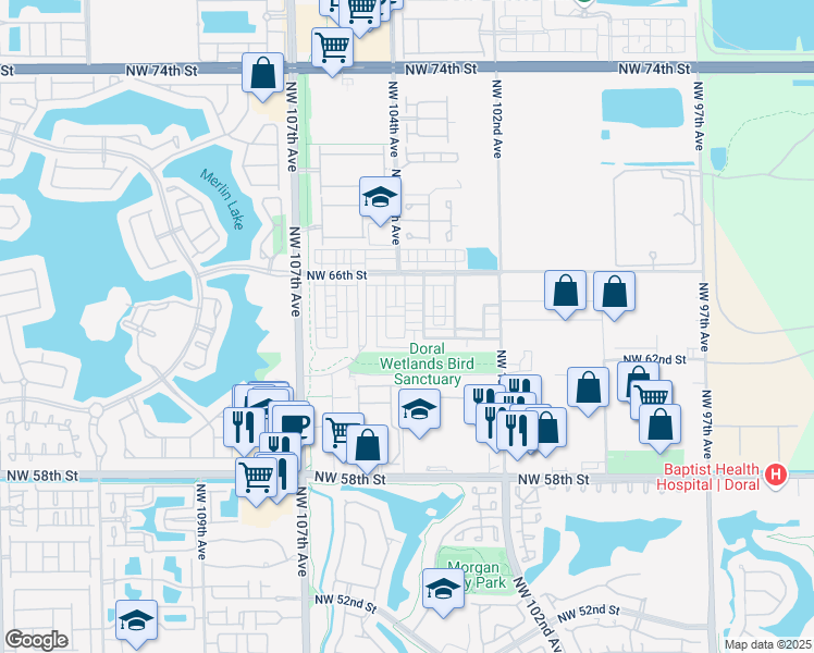 map of restaurants, bars, coffee shops, grocery stores, and more near 10346 Northwest 64th Street in Doral
