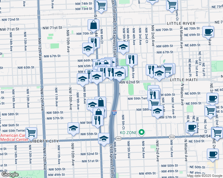 map of restaurants, bars, coffee shops, grocery stores, and more near 6102 Northwest 6th Avenue in Miami