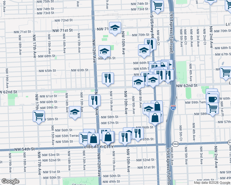 map of restaurants, bars, coffee shops, grocery stores, and more near 1079 Northwest 61st Street in Miami
