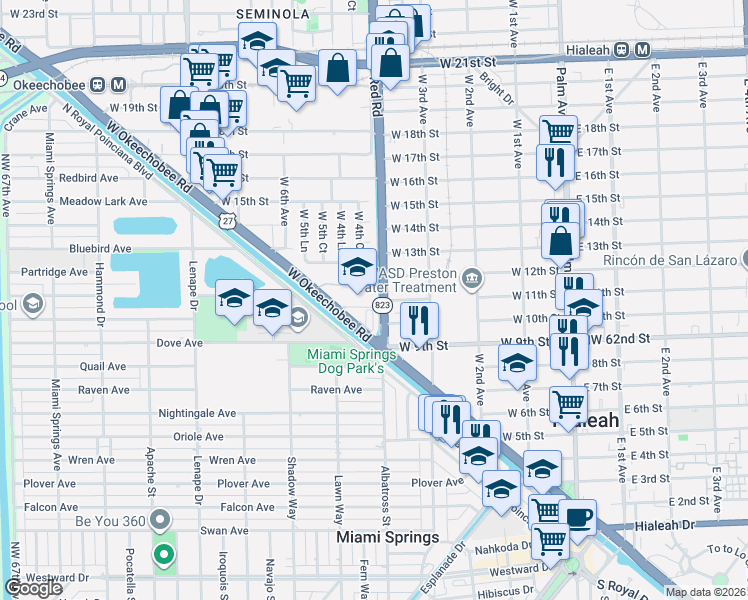 map of restaurants, bars, coffee shops, grocery stores, and more near 429 West 11th Street in Hialeah